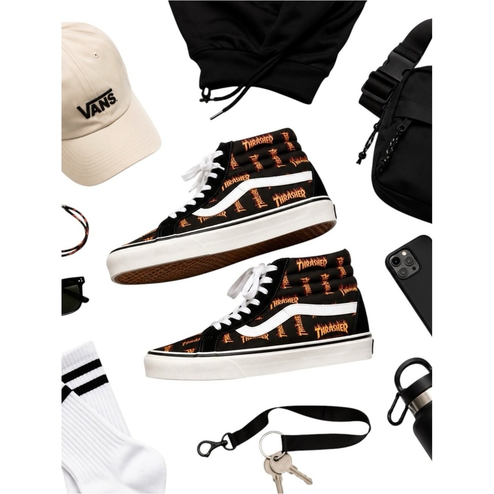 Vans x Thrasher Sk8-Hi Flame Logo Black High Top Skate Shoes Men's 8 Women's 9.5